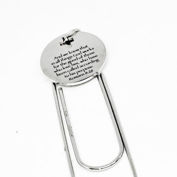 Romans 8 28 Stainless Steel Engraved Charm Paperclip Bookmark Christian Gift