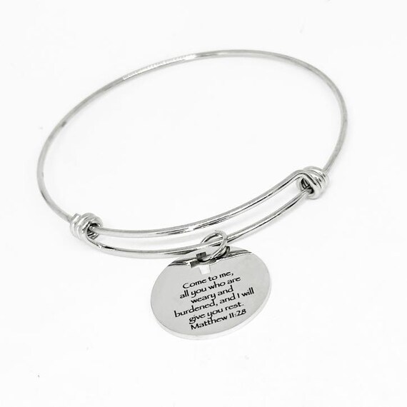 Matthew 11 28 Bracelet Come To Me All Who Are Weary And Burdened Scripture Jewelry Faith Gift Christian Engraved Stainless Steel Bangle