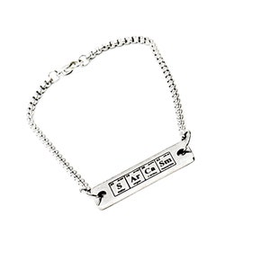 May include: A silver chain bracelet with a rectangular charm that has the chemical symbols for sulfur, argon, calcium, and samarium.