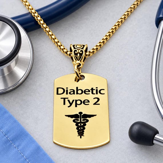 Diabetic Type 2 Goldtone Dog Tag Necklace