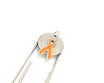 Marcador de página com fita laranja prateada, presentes de conscientização, TDAH, câncer renal, leucemia, diversidade cultural, lúpus, conscientização sobre esclerose múltipla.
