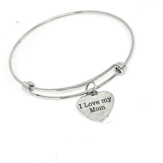 I Love My Mom Stainless Steel Heart Charm Bracelet, Minimalist Adjustable Bangle Jewelry Gift for Mother Birthday Christmas or Just Because