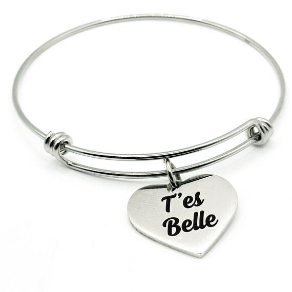 T'es Belle Bracelet Stainless Steel Expanding Bangle Heart Engraved Love Gift For Her Minimalist Jewelry