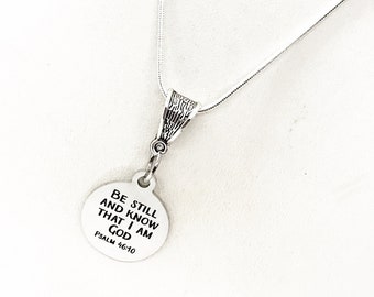 Geloof cadeau, wees stil en weet dat ik God ben ketting, Psalm 46 10, schriftcadeau, schriftsieraden, citaat uit de bijbelvers, christelijke sieraden