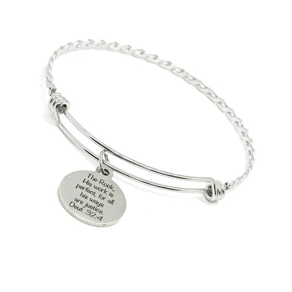 Gods Ways Are Perfect Charm Bangle Bracelet, Deuteronomy 32 4, God Is The Rock, Strength, Stability, Truth And Justice, Lawyer, Judge Gift