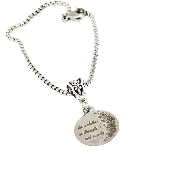 She Is Clothed In Strength And Dignity Charm Bracelet, Proverbs 31 25 Faith Gift, Scripture Jewelry, Proverbs Woman, Gift For Her, Daughter