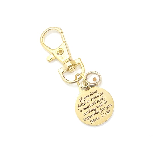 Faith Gift, Mustard Seed Scripture Charm, Matthew 17 20 Charm, Clip On Charm, Purse Charm, Keychain Charm, Christian Gifts, Scripture Gifts