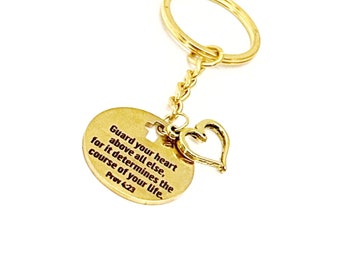 Guarda tu corazón sobre todas las cosas Proverbios 4:23 Llavero dorado, llavero de las Escrituras, regalo cristiano, regalo de fe, regalo de bautismo, versículo bíblico