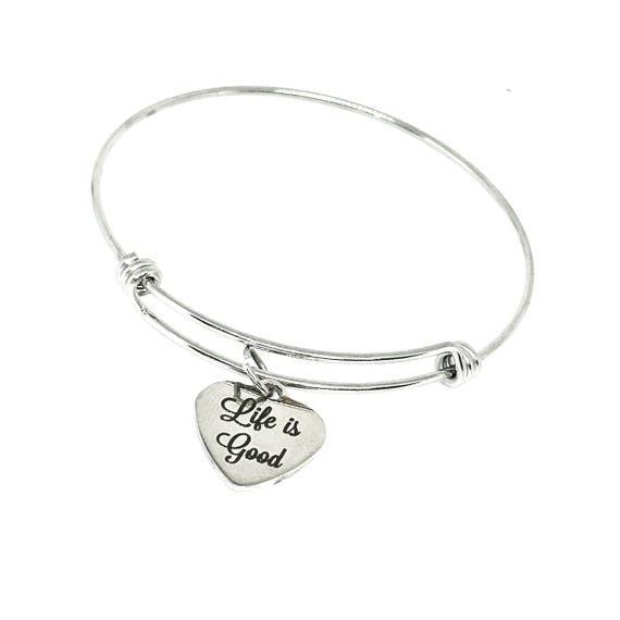 Life Is Good Stainless Steel Bracelet Inspirational Jewelry With 19mm Heart Charm Adjustable Bangle Gift For Her Positive Quote