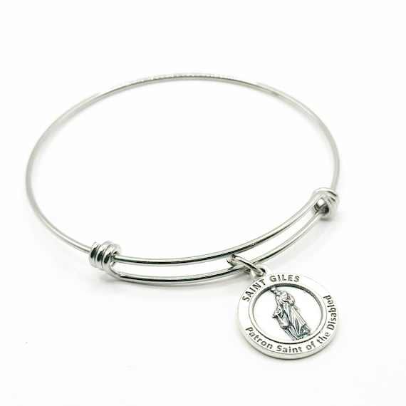 Saint Giles Patron Saint Of The Disabled Bracelet Catholic Faith Jewelry Disability Awareness Gift Silver Bangle From JKCE Designs