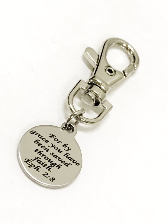 Christian Gifts, Christian Purse Charm, Bible Verse Charm, Saved By Grace Through Faith, Baptism Gift, Scripture Gifts, Christian Charms