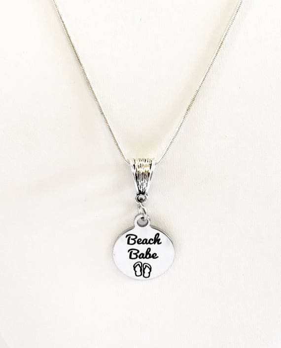 Beach Babe SS Engraved Pendant Necklace, Beach Lover Gift, Spring Jewelry Gift For Her, Summer Fun Jewelry, Girlfriend Trip Gift, Wife Gift