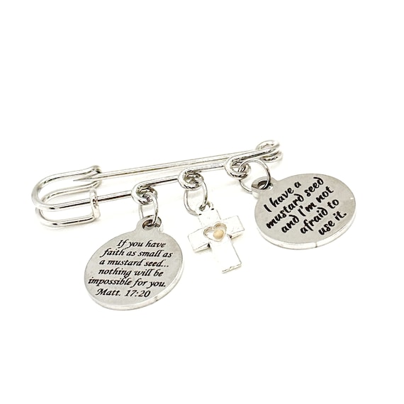 Mustard Seed Heart Cross Three Charm Brooch, Mustard Seed Pin, Faith Gifts, Christian Believer Gifts, Matthew 17 20, I Have A Mustard Seed