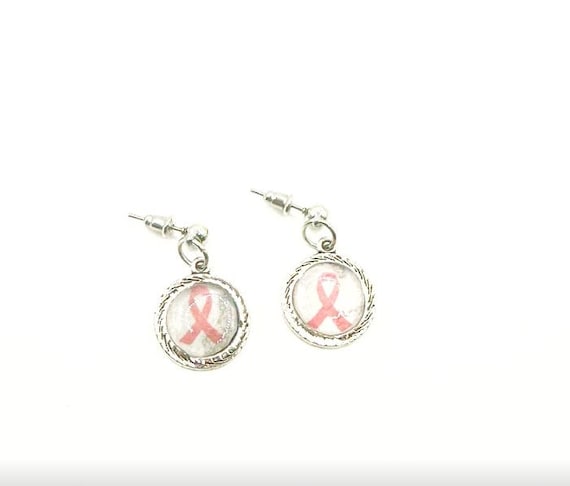 Silver-tone Pink Ribbon Cabochon Earrings, Awareness Gifts, Breast Cancer, Survivor Gifts