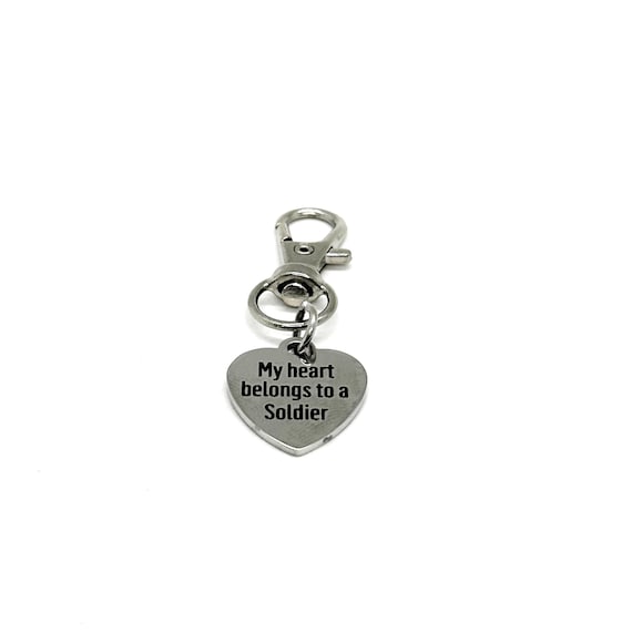 My Heart Belongs To A Soldier Clip On Charm, Bag Charm, Soldier Mom, Soldier Wife, Soldier Husband, Gift For Her, Gift For Him, Key Chain