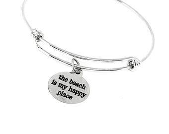 The Beach Is My Happy Place Stainless Steel Bracelet, Adjustable Charm Bangle Gift for Beach Lovers Ocean Vacation Coastal Summer Jewelry