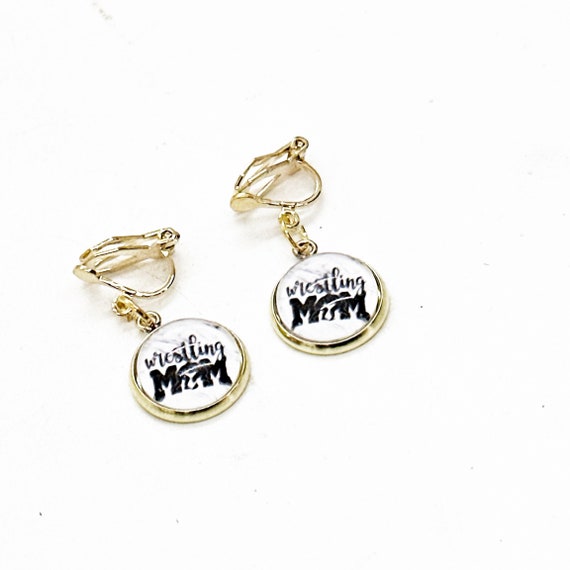 Wrestling Mom Goldtone Clip On Earrings, Wrestling Mom Earrings, Jewelry Gifts, Team Mom Gifts