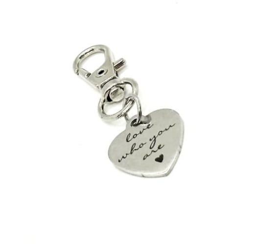 Love Who You Are Stainless Steel Clip On Charm Heart Engraved Inspirational Self Love Keychain Bag Charm Gift
