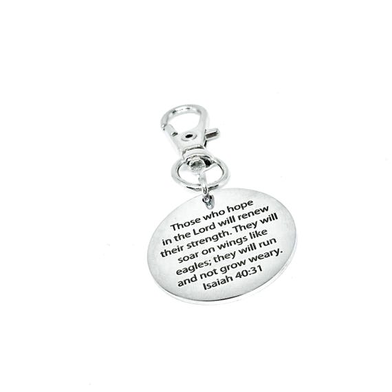 Isaiah 40 31 Clip On Bible Verse Charm, 1 Inch Stainless Steel Pendant Keychain Purse Zipper Pull Christian Gift Faith Strength Quote
