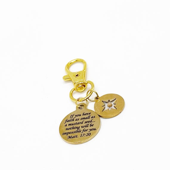 Mustard Seed Scripture And Compass Clip On Charm, Matthew 17 20 Charm, Keychain Clip, Purse Charm, Keychain, Christian Faith Gift, Scripture