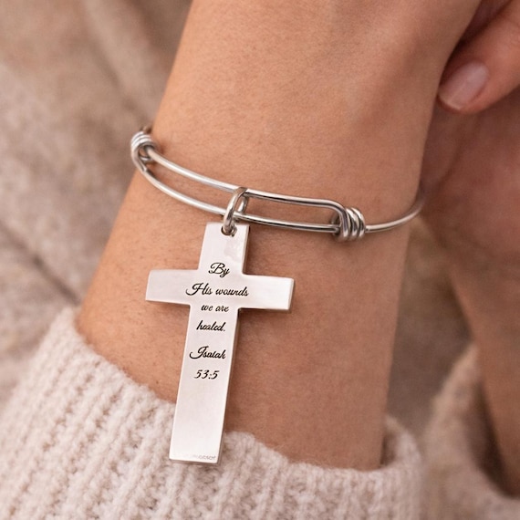 By His Wounds We Are Healed Isaiah 53 5 Cross Bracelet Christian Scripture Faith Jewelry Stainless Steel Bangle