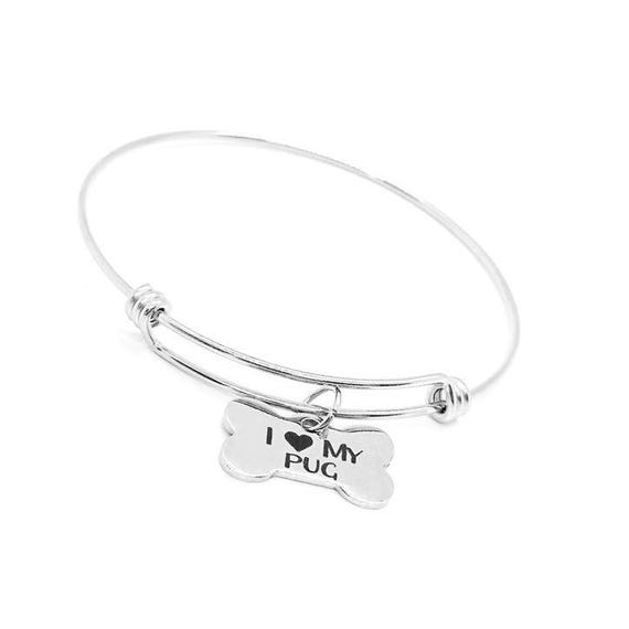 I Love My Pug Bracelet Stainless Steel Adjustable Bangle With 15x25mm Bone Charm, Dog Lover Jewelry Pug Mom Gift Pet Owner Present