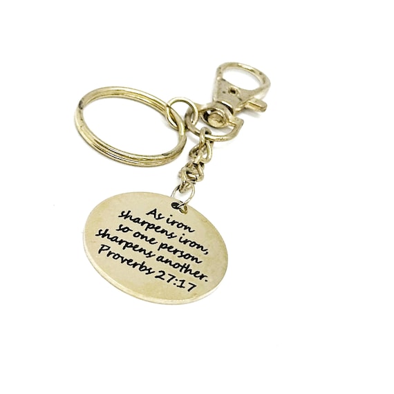 As Iron Sharpens Iron Goldtone Large Charm Key Chain, Christian, Proverbs 27 17, Accountability Partner Gift, Prayer Partner, Believer