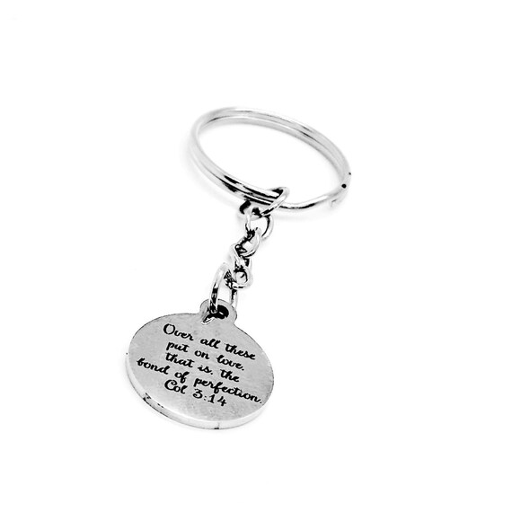 Put On Love The Bond Of Perfection Charm Keychain, Colossians 3 14, Love Gift, Wedding Gift, Scripture Quote, Bible Verse, Christian, Faith