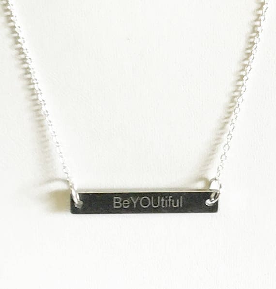 BeYOUtiful Engraved Stainless Steel Charm on Silver Necklace, Minimalist Jewelry Gift For Her, Motivational Girlfriend Gift