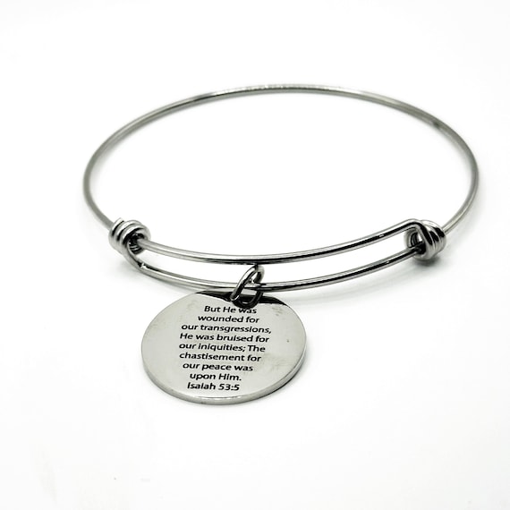 Isaiah 53 5 Scripture Bracelet Christian Faith Jewelry Stainless Steel Engraved 25mm Charm Bible Verse Gift