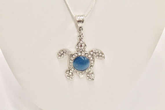 Blue Stone Silver Turtle Pendant on Silver Chain, Turtle Necklace, Turtle Jewelry, Sealife Jewelry, Sparkly Turtle, Gift For Her