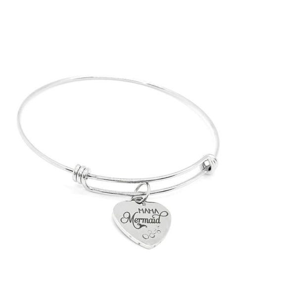 Mama Mermaid Stainless Steel Bracelet Heart Charm Mermaid Jewelry Adjustable Bangle Ocean Theme Gift For Mom Beach Inspired Jewelry