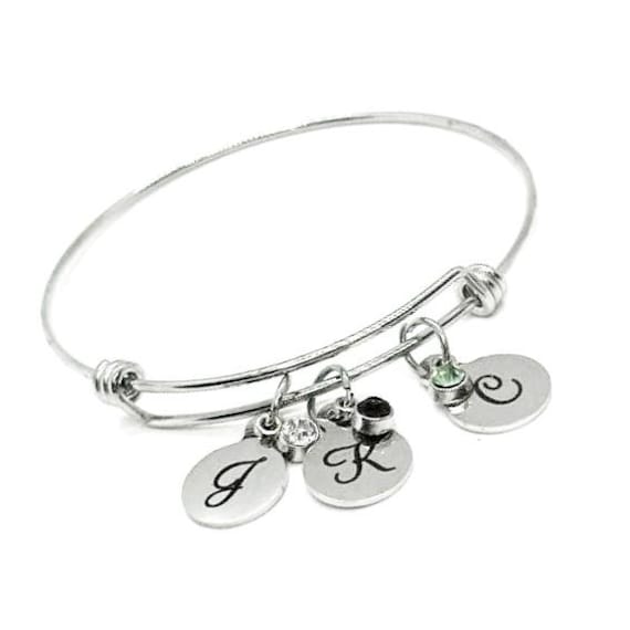 Initial and Birthstone Charm Bangle, Mothers Day Gifts, Mom Gift, Family Charms, Wife Gift, Grandmother Gift, Daughter Gift, Gift For Her