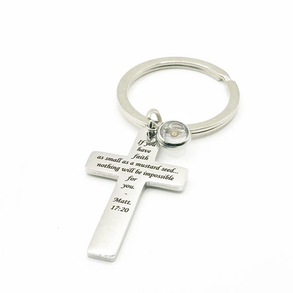 Mustard Seed Faith Cross Keychain Stainless Steel Christian Keychain Scripture Gift Matt 17 20 Inspirational Faith Gift