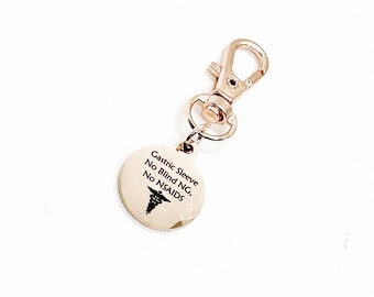 Gastric Sleeve Rose Gold Zipper Pull, Gastric Sleeve Medical ID Tag, No Blind NG, No NSAIDS, Awareness Tag, Gastric Sleeve Medical Awareness