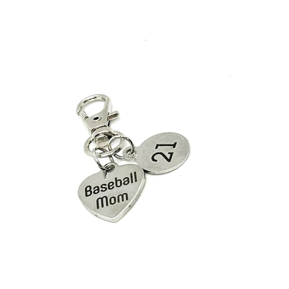 Baseball Mom Clip On Charm Personalized Player Number Stainless Steel Sports Mom Bag Zipper Charm Gift