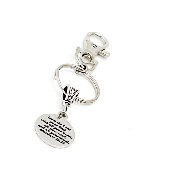 Love The Lord Your God With All Your Heart Charm Keychain, Matthew 22 37, Scripture Gift, Bible Verse Quote, Faith Gift, Baptism Gift