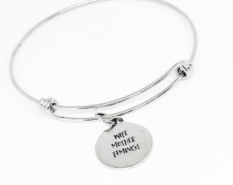 Wife Mother Feminist Stainless Steel Bracelet, Adjustable Empowerment Charm Bangle Strong Woman Jewelry Gift for Mom Wife or Feminist