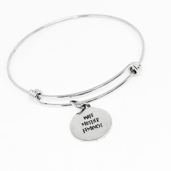 Wife Mother Feminist Stainless Steel Bracelet, Adjustable Empowerment Charm Bangle Strong Woman Jewelry Gift for Mom Wife or Feminist