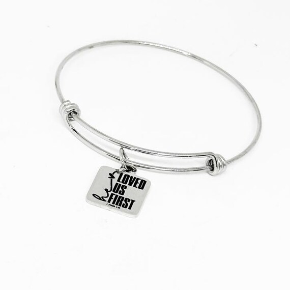 He Loved Us First 1 John 4:19 Bracelet Stainless Steel Engraved Charm Bangle Christian Faith Jewelry Gift For Women