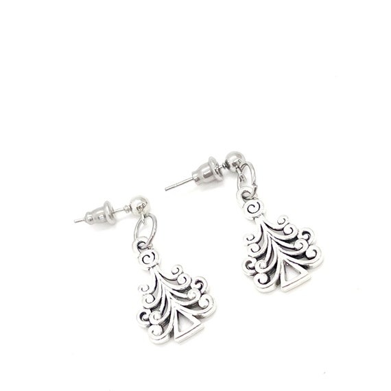 Silvertone Christmas Tree Earrings, Christmas Gifts, Christmas Jewelry, Stocking Stuffer Gifts, Wife Gift, Daughter Gift, Granddaughter Gift