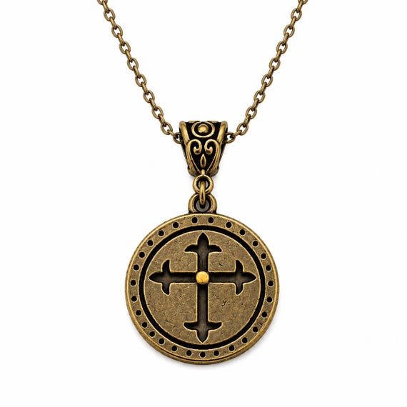 Round Mustard Seed Cross Antique Bronze Necklace