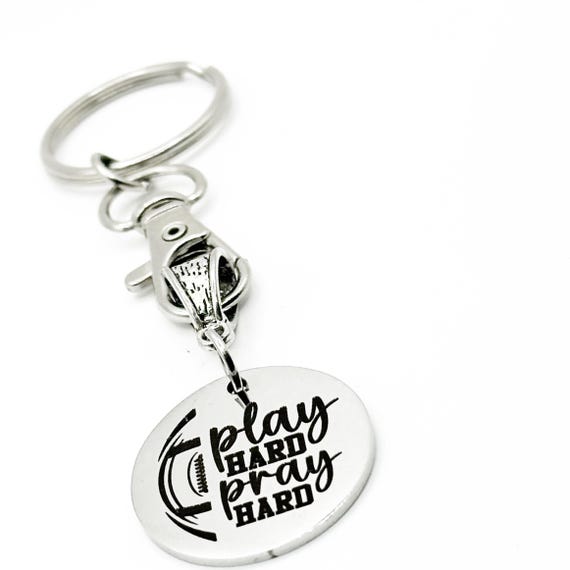 Play Hard Pray Hard Stainless Steel Engraved Keychain Motivational Christian Football Keychain Inspirational Faith Sports Gift