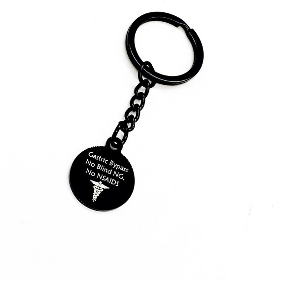 Gastric Bypass Black Charm Keychain, Gastric Bypass Medical ID, No Blind NG, No NSAIDS, Medical Awareness Tag, Zipper Charm, Keychain Charm