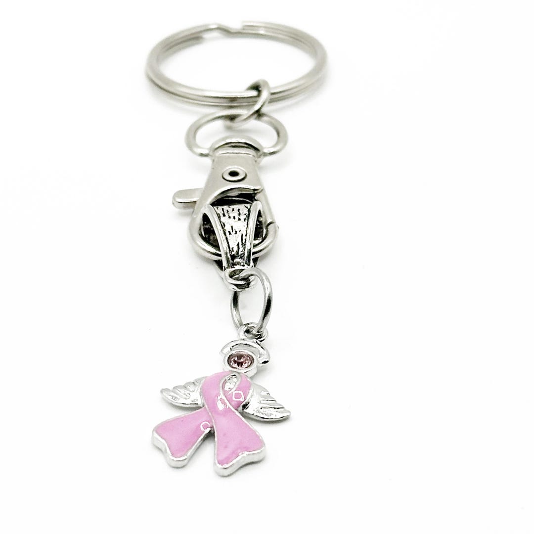 Pink Angel Ribbon Keychain Stainless Steel Awareness Charm Keyring ...