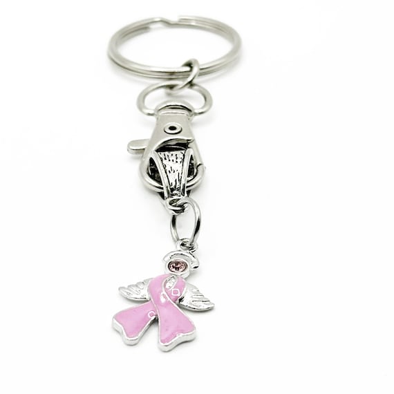 Pink Angel Ribbon Keychain Stainless Steel Awareness Charm Keyring Inspirational Jewelry Gift For Women Support Symbol Accessory