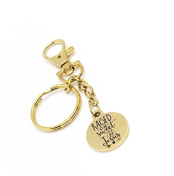 Goldtone Raised on Sweet Tea And Jesus Clip On Keyring, Bag Charm, Purse Clip, Keychain Charm, Encouragement, Motivational, Daughter Gift