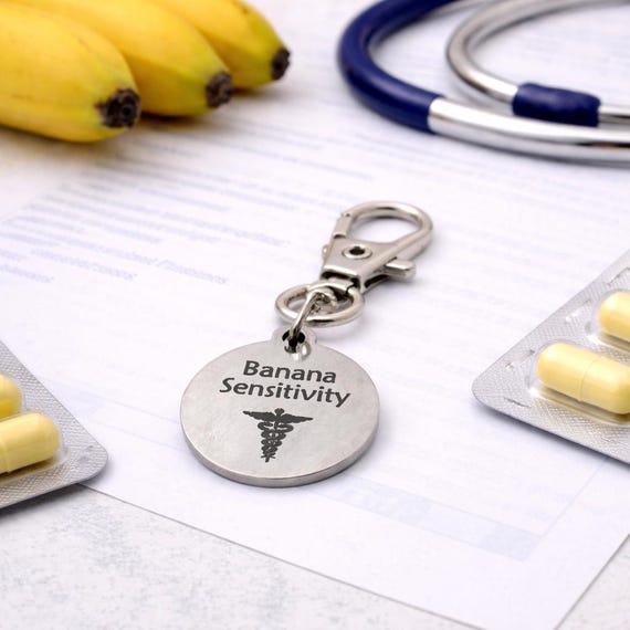 Banana Sensitivity Medical Alert Clip On Charm Stainless Steel Allergy Charm Lobster Clasp Bag Tag Purse Zipper Pull