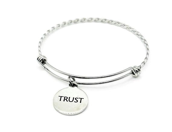 Trust Bracelet Stainless Steel Bangle with 19mm Charm, Inspirational Word Jewelry Adjustable Wire Bangle Gift for Her Encouragement Jewelry
