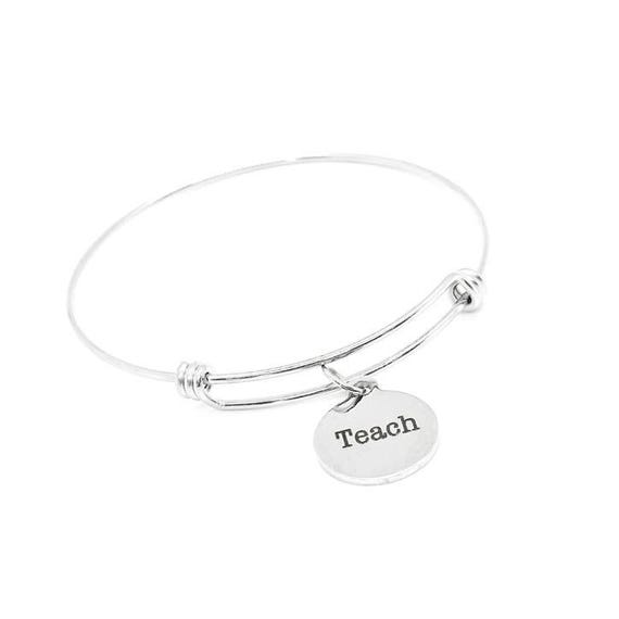 Teach Bracelet Stainless Steel Adjustable Bangle With 19mm Round Charm, Teacher Appreciation Jewelry Gift For Educator Mentor Graduation